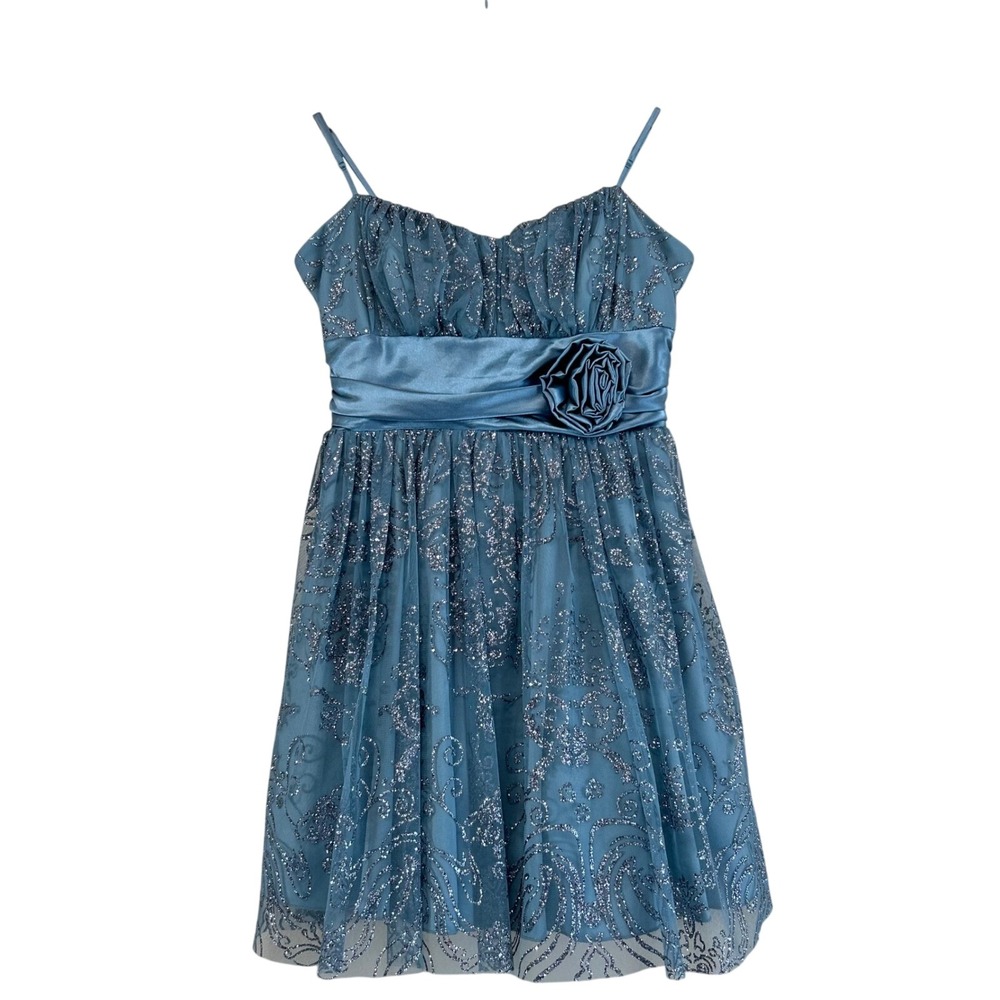 Y2K B. Smart Blue Glitter Mesh Rose Fairy Babydoll Dress Size 13 Cinderella Prom